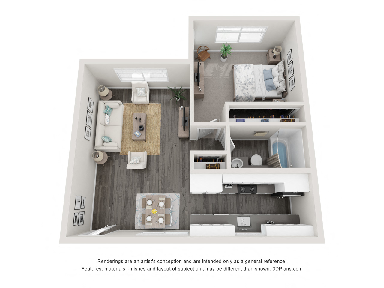 Floor plan for 1 bed, 1 bath, 557 sqft